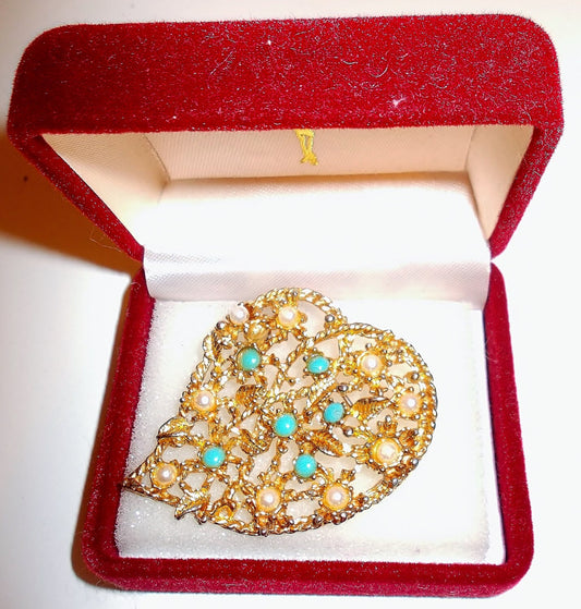 Circa 1940's, True Vintage Pearl & Turquoise gold leaf brooch.The Ideal Christmas GIft this festive season. Etsy