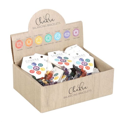 Set of 24 Chakra Crystal Chip Bracelets in Display Box N/A