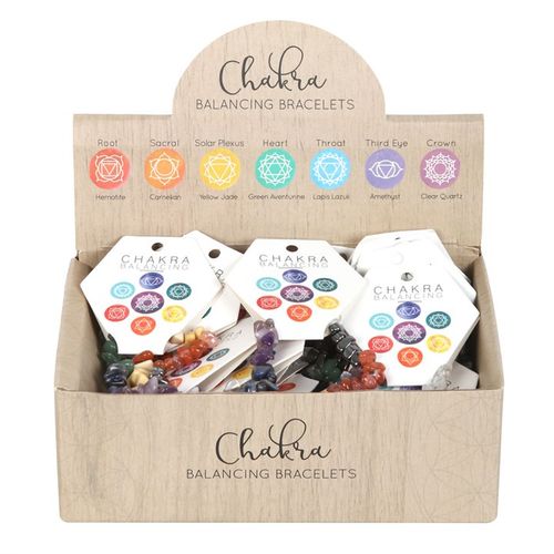 Set of 24 Chakra Crystal Chip Bracelets in Display Box N/A