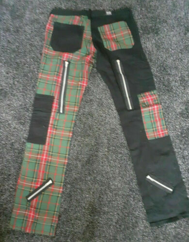 Green/black Tartan Punk bondage Trousers - Mode Wichtig Size 30-zips,straps. Mode Wichtig