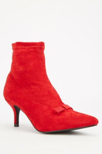 PUNK/GOTH/ROCK/URBAN/-RED BOW-FRONT SUEDETTE ANKLE BOOTS, POINTY TOE. Unbranded