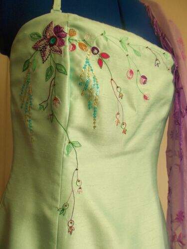 Oasis.new lime green silk dress-halter neck, hand embroidered-flower designs. OASIS