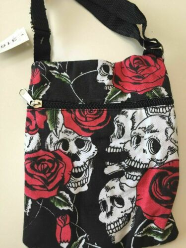 goth/emo/biker/festi small medium shoulder bag rose skull-lots of pockets& zips Unbranded