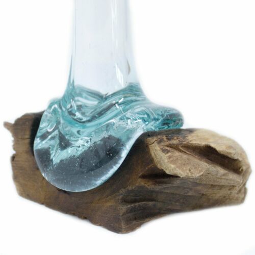 STUNNING Molten recycled hand-blown Glass on HAND-CARVED GAMAL Wood - Vase.GIFT Handmade