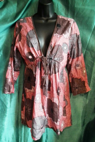 SUMMER TUNIC-BEACH/FESTIVAL/BOHO-PINK,COTTON,3/4 SLEEVES,TIE WAIST,PATTERN, Boho