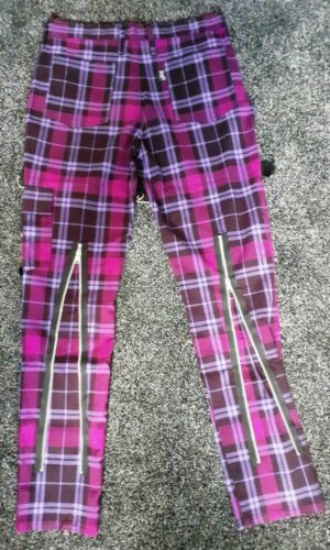 Purple Tartan Punk bondage Trousers - Phaze Clothing Size 32-zips,straps Phaze Clothing