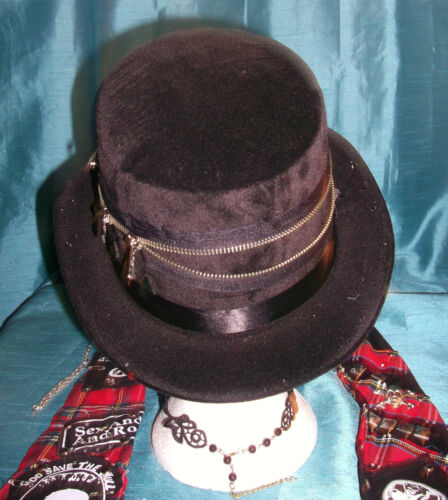 BESPOKE/STEAMPUNK ROUNDED VELVET TOPHAT-RED/BLACK FEATHER embellishmenTS UNBRANDED