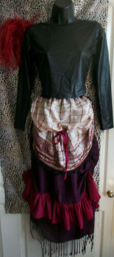 RECYCLED/BESPOKE/BOHO Burgundy Layered, Ruffled, Hitched Skirt Steampunk OOAK Magpiemair
