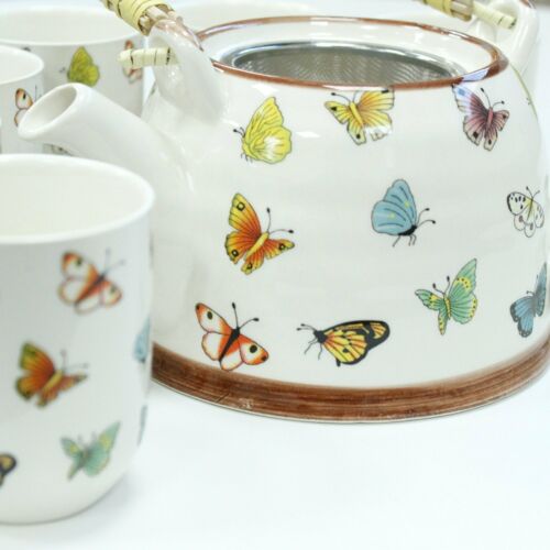 Herbal Teapot Set - BUTTERFLIES -with metal strainer in the lid and six matching Handmade