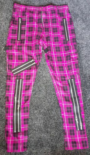 punk Pink Tartan Punk bondage Trousers- Phaze Clothing Size 34-straps, zips Pink Tartan