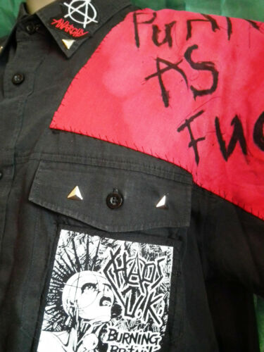 Unisex black bespoke punk shirt-patches,studs.DANGEROUSLY CLO-48"ch/thick cotton Thick