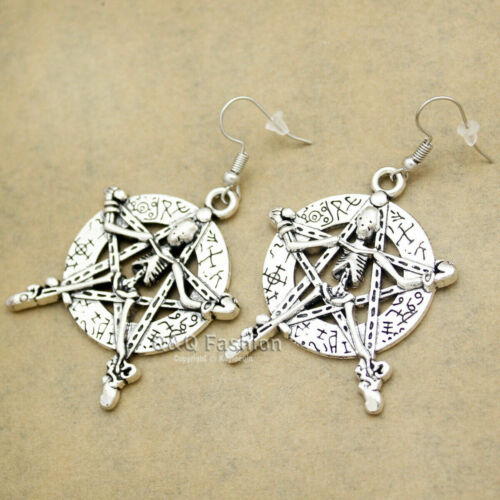 Silver Pentacle Pentagram Star Skull Witch Wiccan Pagan Earrings -Pagan,Wiccan Handmade