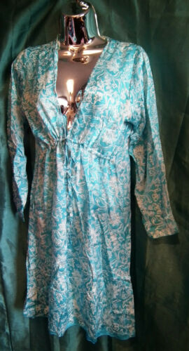 SUMMER TUNIC-BEACH/FESTIVAL/BOHO -TURQUOISE,3/4 SLEEVES,TIE WAIST,PATTERN,SILKY Boho