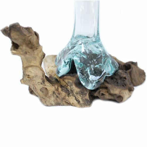 STUNNING Molten recycled hand-blown Glass on HAND-CARVED GAMAL Wood - Vase.GIFT Handmade