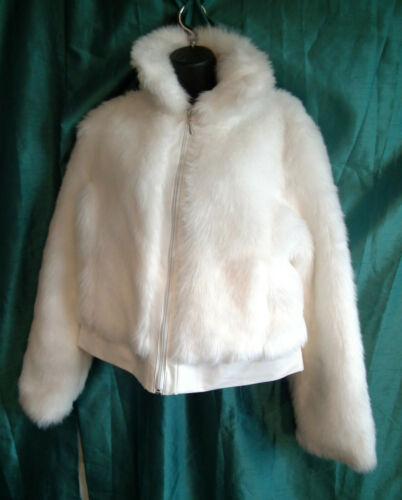 Women's Yazz White Faux bOMBERJacket Winter Shaggy.FAUX LEATHER HEM,ZIP Size 18 Yazz
