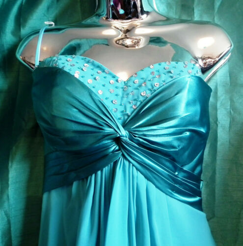 New turquoise satin diamante eve/prom/wedding dress.size8-sequin,corset back VERB