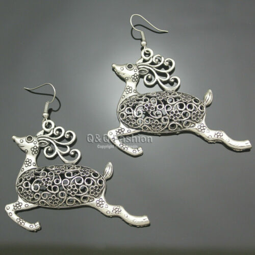 Vintage Silver Metal Filigree 3D Big Deer Elk Buck Antler Earrings-spiritual, Handmade