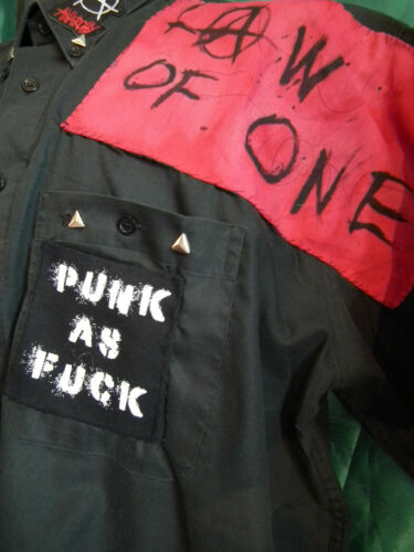 Unisex black bespoke punk shirt-patches,studs.Be Reasonable-50"ch/thick cotton Thick