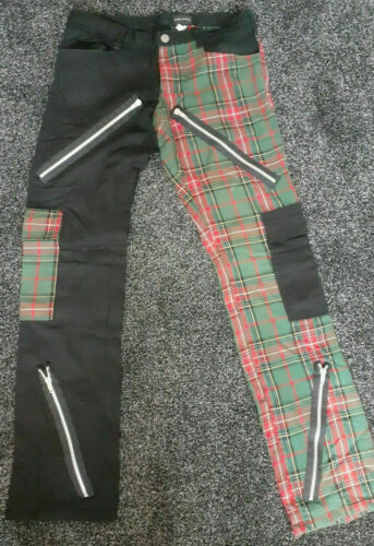 Green/black Tartan Punk bondage Trousers - Mode Wichtig Size 30-zips,straps. Mode Wichtig