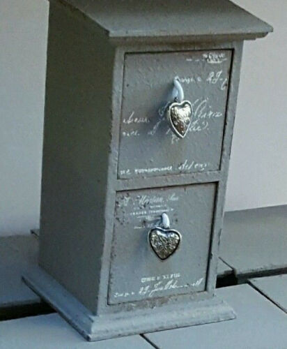 gORGEOUS GREY shabby chic wooden jewellery drawers WITH HEART PULLS.-7"X4"3.5" UNBRANDED-SHABBY CHIC