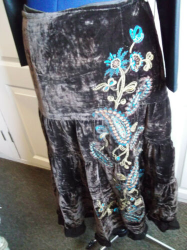 STEAMPUNK/goth/BOHO/PUNK brown velvet long SKIRT,SIZE12/14,lined,embroidered Anne Carson