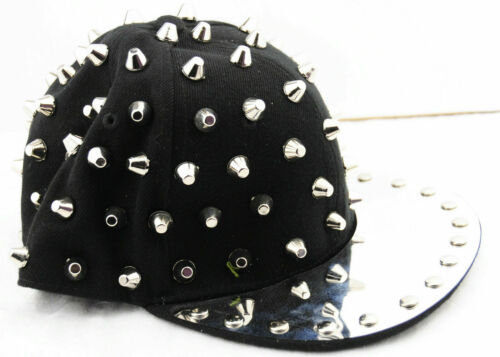 punk Spike Studded Front Military Hat Black Fabric Silver Studs Size adjustable Accessorize