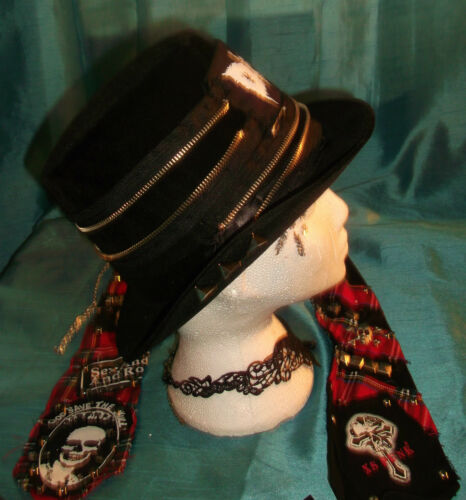 BESPOKE/STEAMPUNK ROUNDED VELVET TOPHAT-RED/BLACK FEATHER embellishmenTS UNBRANDED