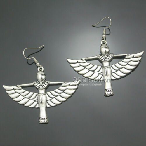 Egypt Egyptian Silver Isis Winged Charm Ankh Roman Earrings Wiccan Pagan/BOHO/ Handmade
