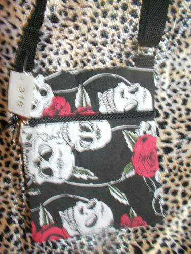 goth/emo/biker/festi small medium shoulder bag rose skull-lots of pockets& zips Unbranded