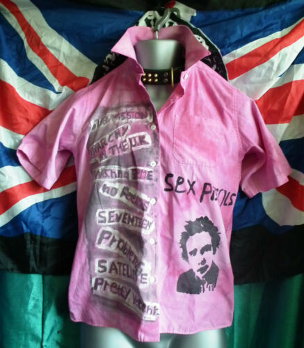 pink.SEX PISTOLS SHIRT WITH SONGS AND SEDITIONARIES.ch 40" punk, short sleeve none