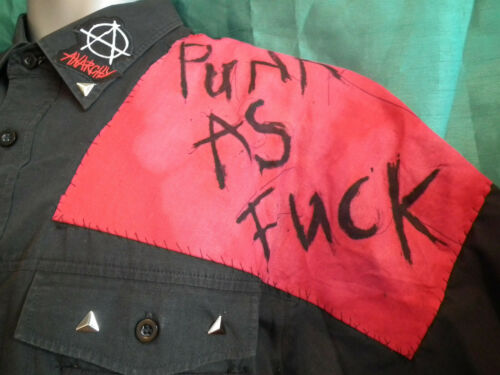 Unisex black bespoke punk shirt-patches,studs.DANGEROUSLY CLO-48"ch/thick cotton Thick