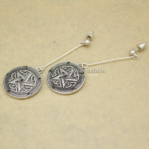 Vintage Silver Celtic Pentacle Star Trinity Knot Bar Wicca Pagan Dangle Earrings Handmade
