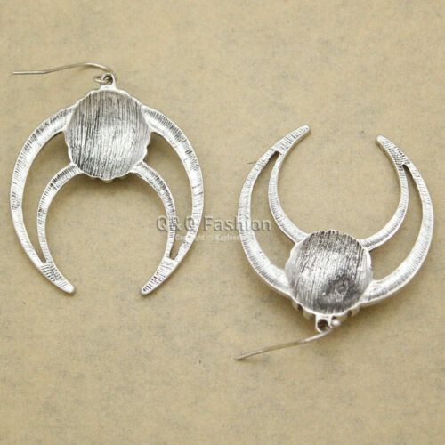 Retro Silver Crescent Moon Bull Buffalo Horn Pearl Concho Indian Dangle Earrings Handmade