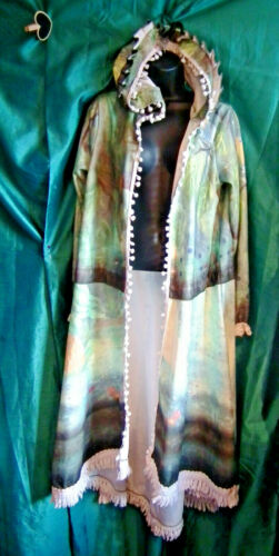 green festi pixie coat-pixie pointed hood-upto44"bust.long 53",antiq lace edging Unbranded