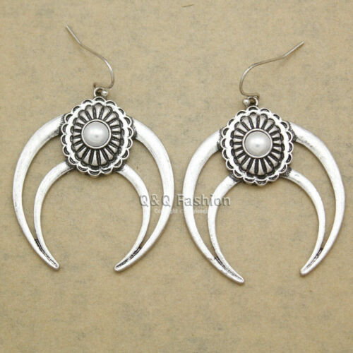 Retro Silver Crescent Moon Bull Buffalo Horn Pearl Concho Indian Dangle Earrings Handmade