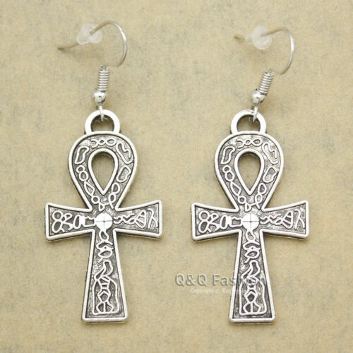 Vintage Egypt Cleopatra Ankara Hieroglyphic Ankh Cross Metu Dangle Earrings Handmade