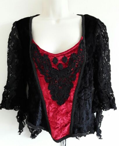 GOTH black Red velvet long sleeved top lace detail & sleeves by dark star s/m dark star
