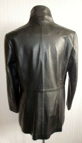 Milan black leather 3/4 coat.finest leather,2button front, lined.size 10/12 milan