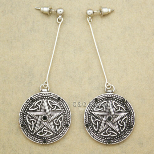 Vintage Silver Celtic Pentacle Star Trinity Knot Bar Wicca Pagan Dangle Earrings Handmade