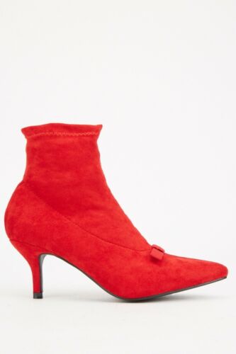PUNK/GOTH/ROCK/URBAN/-RED BOW-FRONT SUEDETTE ANKLE BOOTS, POINTY TOE. Unbranded