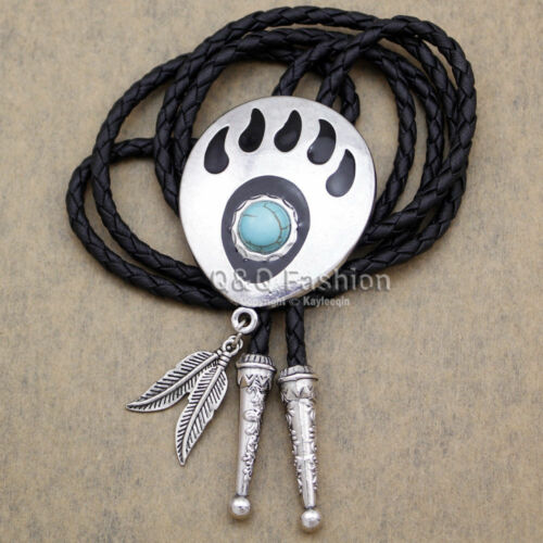 Funky Silver Bear Paw Claw Grizzly Feather Turquoise Rodeo Bolo NECKTie Handmade