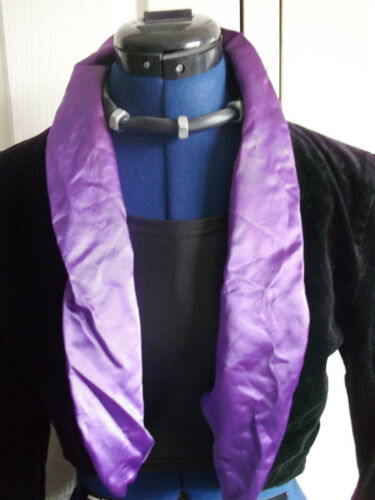 STEAMPUNK/goth/BOHO/PUNK BLACK velvet/purple satin collar BALERO JACKETSIZE S10 Handmade