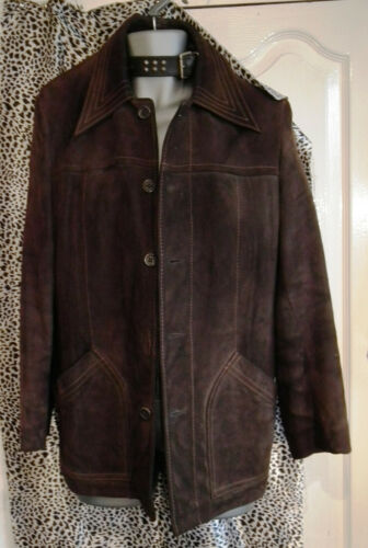 unisex vintage brown suede 3/4 length coat-lined, deep pockets,44" chest,lined Deep