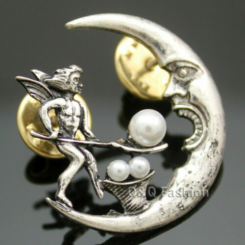 Antique Tribal Angel Fairy Feeding Moon Cresent Pearl Baroque Lapel Brooch Pin Unbranded