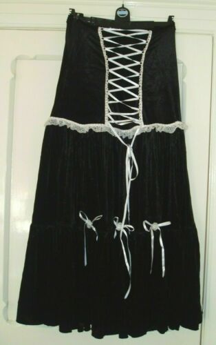GOTHIC/PUNK Phaze Alice Long Skirt- Black Velvet Skirt with White Lace & Ribbon Phaze