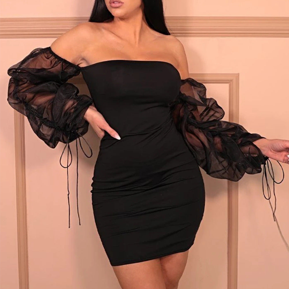 2021 women's sexy off shoulder solid color Hip Wrap Skirt drawstring lace up pleated perspective bubble sleeve dress summer FashionExpress