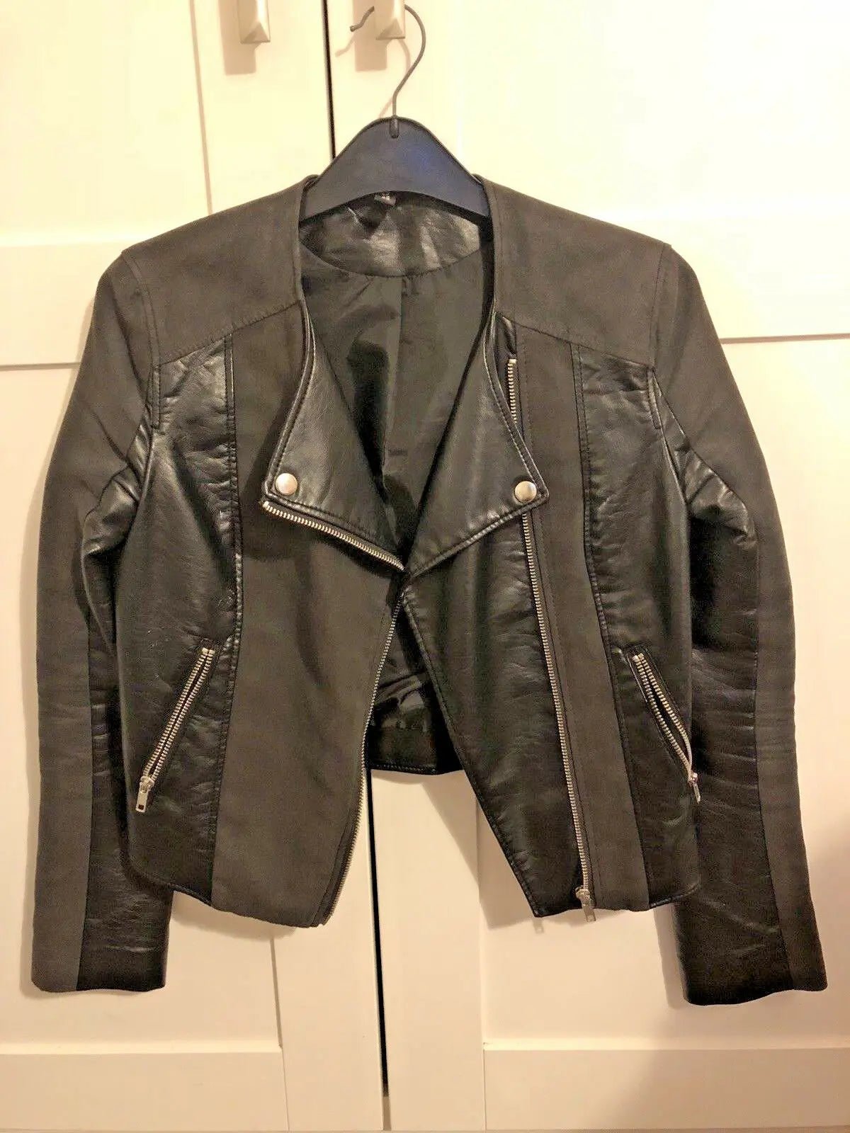 2 TONE-FAUX LEATHER, BLACK H&M BIKER Leather Jacket - size 8 - Wonkey Donkey Bazaar