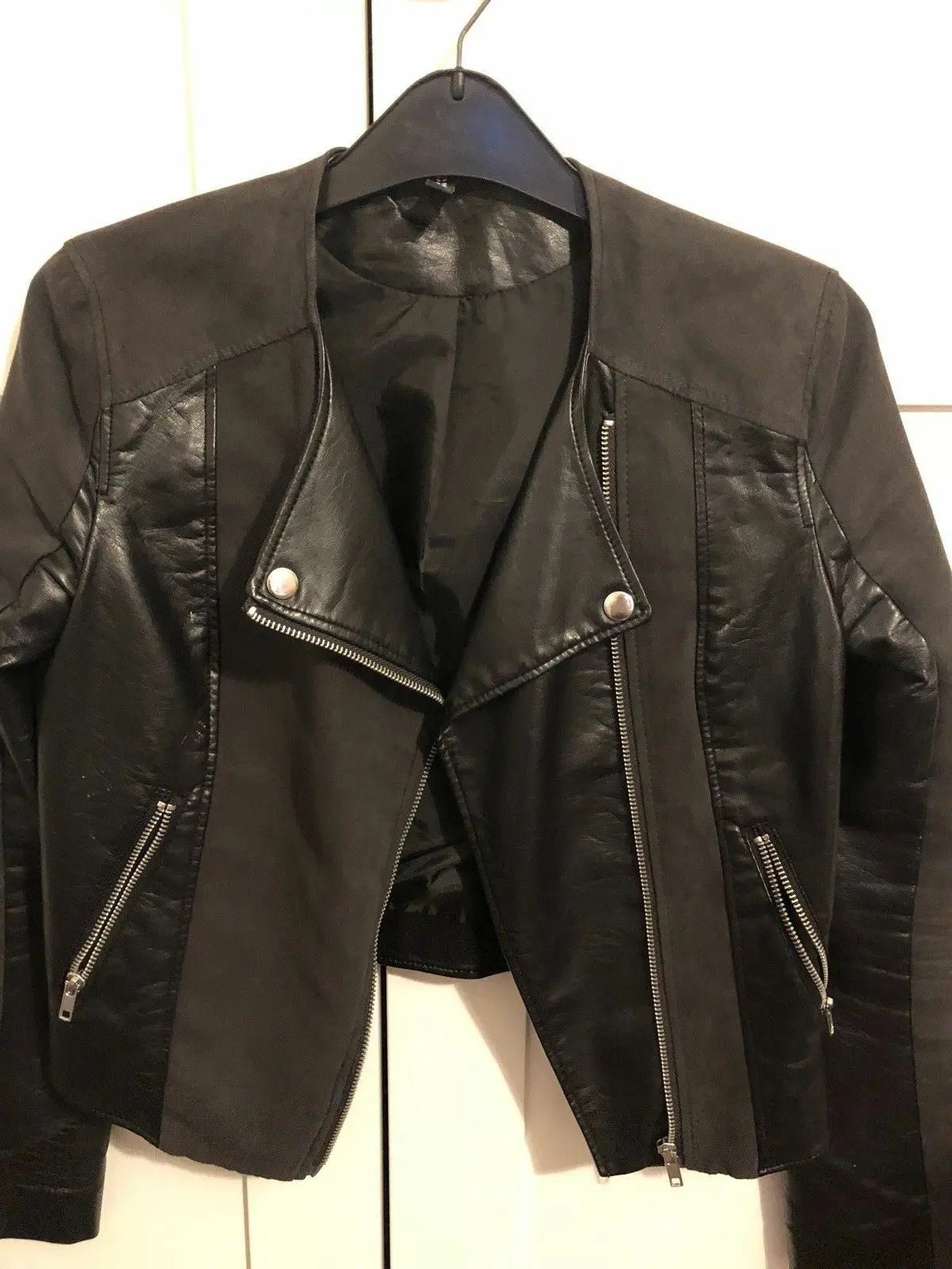 2 TONE-FAUX LEATHER, BLACK H&M BIKER Leather Jacket - size 8 - Wonkey Donkey Bazaar