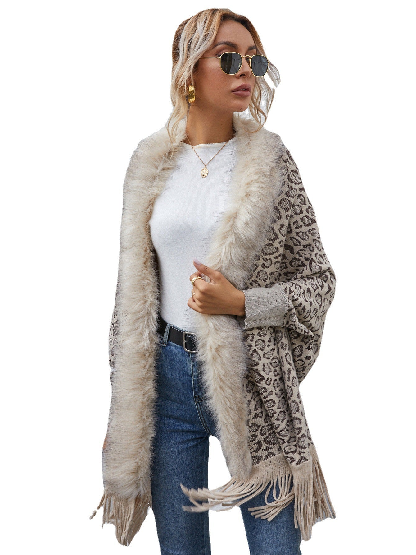 2021 leopard sweater autumn and winter new wool collar cardigan shawl knitted coat - Wonkey Donkey Bazaar
