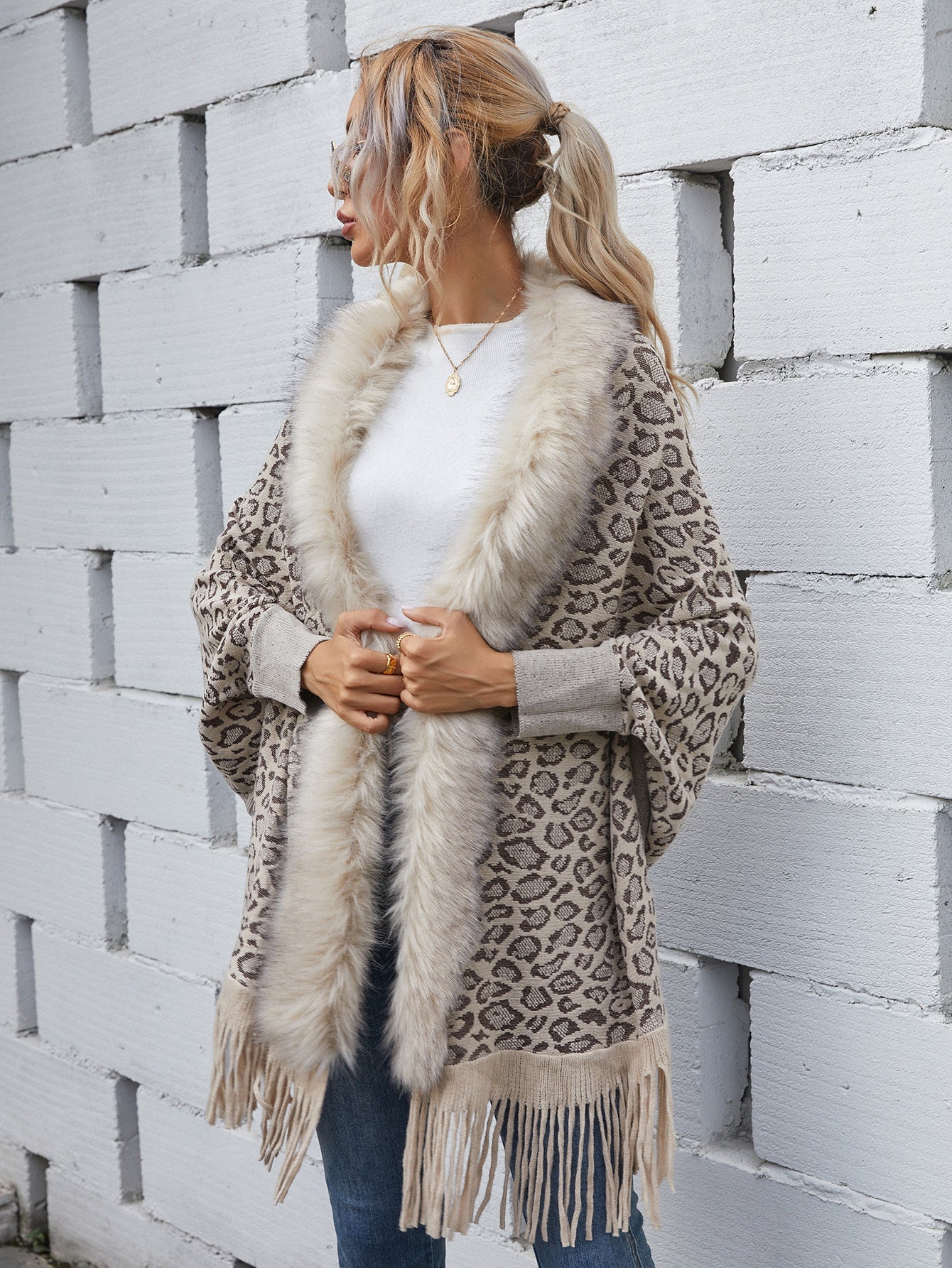 2021 leopard sweater autumn and winter new wool collar cardigan shawl knitted coat - Wonkey Donkey Bazaar